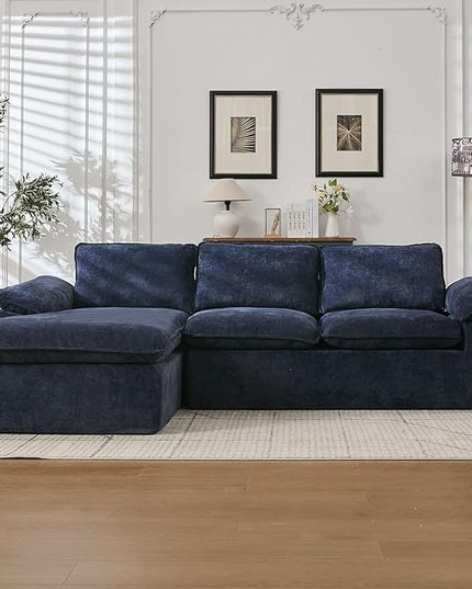 105.6”L Shape Modular Sectional Couch for Living Room, Modern Cloud Sectional 3 Seat Sofa with Oversized Chaise, Woven Texture Upholstery Boneless Couch (Blue, Left Facing Chaise)