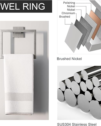 5-Pieces Bathroom Hardware Set, SUS304 Stainless Steel Wall Mounted 16 Inch Hand Towel Bar, Toilet Paper Holder, Towel Ring, Towel Hooks, Bathroom Towel Bar Set, Brushed Nickel