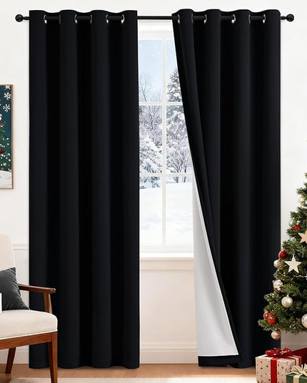 Yakamok 100% Blackout Curtains Black Room Darkening Thermal Insulated Window Curtain with 2 Thick Layers-Set of 2 Panels Grommet Top Drapes for Bedroom Living Room 52 Inches by 84 Inches Length