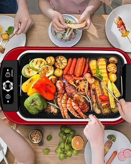 Indoor Smokeless Grill, Techwood 1500W Electric Indoor Grill with Tempered Glass Lid, Portable Non-stick Korean BBQ, Turbo Smoke Extractor Technology, Drip Tray& Double Removable Plate, Red
