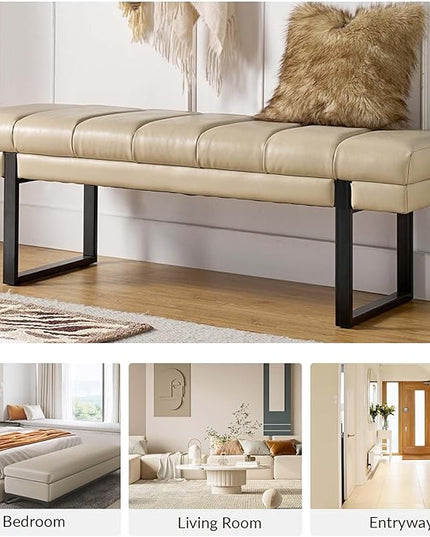 HULALA HOME 53" Faux Leather Entryway Bench, Button Tufted End of Bed Bench Ottoman for Bedroom, Living Room with Metal Base,Beige