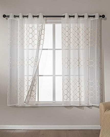 Amazon Basics 2-Piece Embroidery Sheer Curtain Set, Light Filtering Hollow Drapes for Living Room and Bedroom, 42" W × 63" L, White Scale