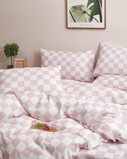 CLOTHKNOW Pink Plaid Comforter Set California King 3Pcs Pink White Bedding Comforter Sets Checker Comforter Soft Grid Comforter Sets Cal King