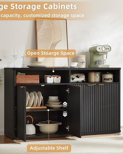 LEYAOYAO Fluted Buffet Cabinet with Storage, 55" Wide Wood Sideboard Credenza with 4 Doors & Open Storage Shelf, Modern Kitchen Console Accent Cabinets, Coffee Bar Table for Dining Room, Black Oak