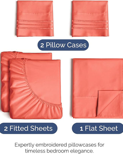 Split King Size 5 Piece Sheet Set - Comfy Breathable & Cooling Bed Sheets Set - Hotel Luxury Bedding for Women, Men, Kids, Teens, Boys & Girls - Deep Pockets, Soft and Wrinkle Free - Oeko-Tex - Coral