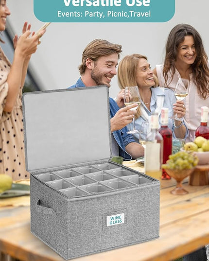 Cirhy Wine Glass Storage Box, Stackable Rigid-Shell Glassware Storage Containers with Dividers & Handles, Holds 24 Crystal Glasses, 2-Pack Protective Stemware Organizer for Moving, Kitchen Storage