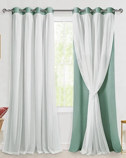 Hiasan Light Sage Green Blackout Curtains for Bedroom, Mix & Match Double Layer Thermal Insulated Privacy Grommet Window Curtains for Living Room,2 Drape Panels with Tiebacks,52W X 96L