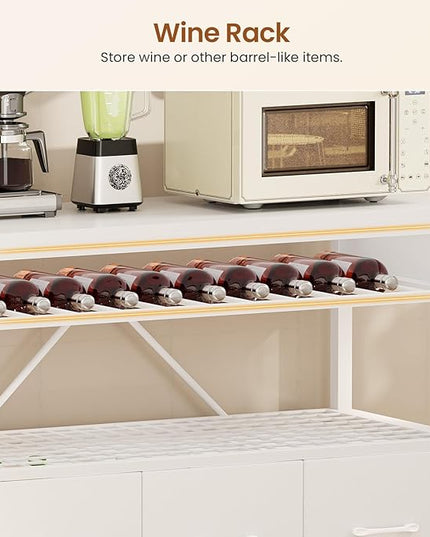 Itaar Bakers Rack with Storage and Power Outlet, 35.4 inch Microwave Stand with Fabric Drawers, Kitchen Coffee Bar Cabinet with Hutch, LED Lights, Wine Rack and Hooks, White