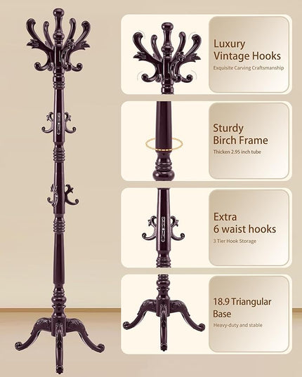 EZIVIEZ Wooden Coat Rack Stand, Solid Wood Freestanding Coat Rack, Vintage Coat Racks with 14 Hooks & Triangle Base, Heavy Duty Standing Coat Hanger Jacket Tree Stand for Office, Entryway, Hallway