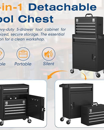 5-Drawers Tool Chest, 2-in-1 Rolling Tool Box with Wheels and Drawers, Detachable Storage Toolbox with Lock, Heavy-Duty Metal Tool Cart for Garage, Workshop (Black)