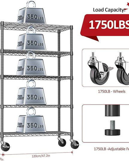 IZEUK 5-Tier Adjustable Heavy Duty Steel Wire Shelving Unit with Wheels, Storage Rack Organizer for Garage, Kitchen, Office, Laundry, Basement (Black, 17.7" D x 47.2" W x 76.7" H, 1750 lbs Capacity)
