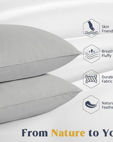 puredown Goose Feathers Down Pillows - King Size Bed Sleeping Hotel Collection Pillows Set of 2 with 100% Cotton Cover, Grey