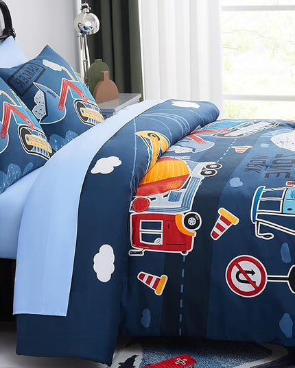 Full Size Comforter Set for Boys-7 Pieces Truck Tractor Excavator Glow in The Dark Full Bedding Sets for Kids, Ultra Soft Bed in A Bag with Sheets