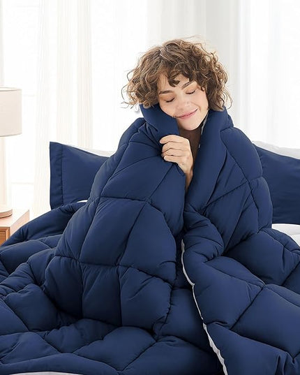 MUXHOMO 7 Pieces Full Comforter Set, Reversible Bed in a Bag Full Size, All Season Bedding Set with Comforter, Flat Sheet, Fitted Sheet, Pillowcases & Shams, Navy & Light Grey