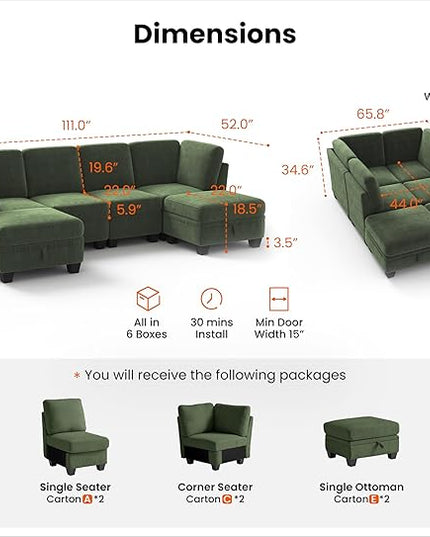 CHIC HOUSE Corduroy Modular Sectional Couch with Ottoman Chaise, L/U Shaped Sleeper Sofa for Living Room, Apartment, Lounge, Modern Armrest Neck Support Furniture (6 Seater Compact Sleeper, Green)