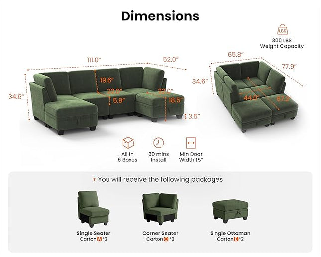 CHIC HOUSE Corduroy Modular Sectional Couch with Ottoman Chaise, L/U Shaped Sleeper Sofa for Living Room, Apartment, Lounge, Modern Armrest Neck Support Furniture (6 Seater Compact Sleeper, Green)