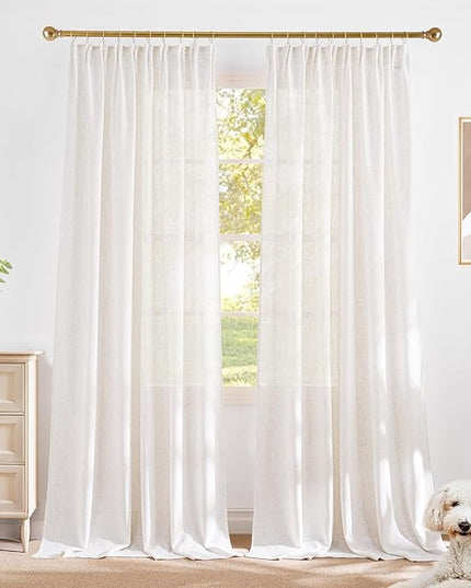 NICETOWN 230GSM Linen Blend Light Filtering 90 inch Curtains, Back Tab & Rod Pocket with Pleat Tab Privacy Semi Sheer Window Treatments for Living Room/Bedroom, W52 x L90, 2 Panels