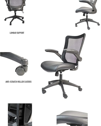 OfficeFactor Office Desk Chair, 300 lb Capacity Adjustable Desk Chair, Flip-Up Armrests, Non-Scratch Wheels, Mesh Back, Comfortable Bonded Leather seat (Black)