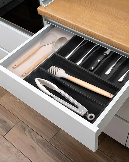 Kitchen Bamboo Silverware Organizer, Kitchen Drawer Organizer - Utensil Holder and Cutlery Tray with Grooved Drawer Dividers for Flatware 7 Slot, Black