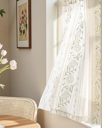 jinchan Winslow Linen Curtains 54 Inch Length Christmas Decorations Farmhouse Small Window Curtains Embroidered Bordered Floral Drapes Light Filtering for Bathroom Kitchen Sage on Beige 2 Panels