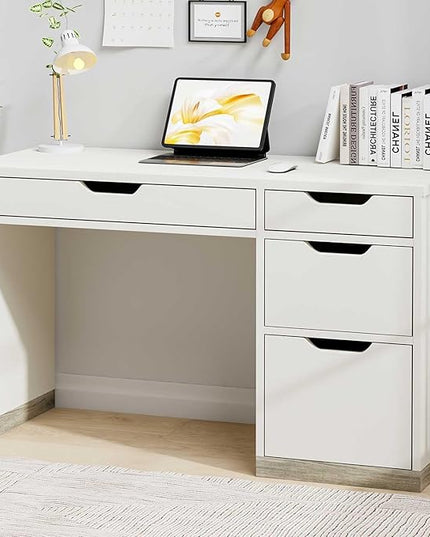 White Desk with Drawers, 48 Inch Small Computer Desk with 4 Storage Drawers for Small Space, Home Office Desk for Bedroom with Storage File Cabinet