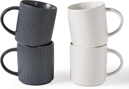 famiware Coffee Mug Set for 4, Star 16 oz Catering Mugs Cup Set with Handle for Coffee, Tea, Cocoa, Milk - Ceramic Stoneware Drinkware Set, Matte White + Matte Dark Charcoal