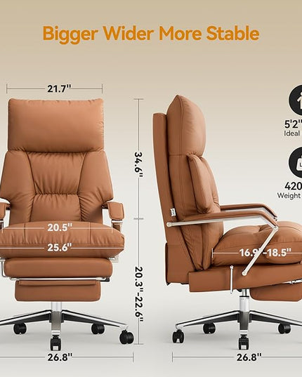 Reclining Office Chair with Footrest - 25.6" Wide Seat & Adjustable Seat Depth, Big and Tall High Back Leather Executive Home Office Desk Chair 400lbs, Brown