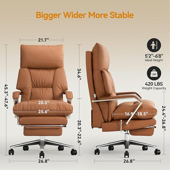 Reclining Office Chair with Footrest - 25.6" Wide Seat & Adjustable Seat Depth, Big and Tall High Back Leather Executive Home Office Desk Chair 400lbs, Brown