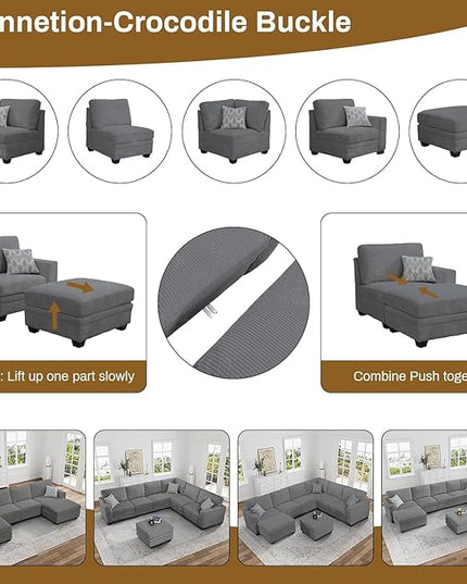Legend Vansen Oversized Modular Sectional Sofa,16 Seat U Shaped Couch with Ottoman,Corduroy Sofa with Deep Seat,Convertible Large Sectional Couches for Living Room(Grey, U-16)