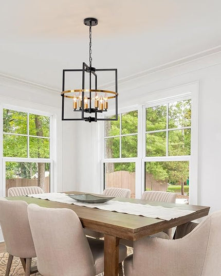 6-Light Black and Gold Chandelier, Geometric Dining Room Light Fixture, Modern Chandelier, Hanging Industrial Metal Farmhouse Chandeliers for Living Room Entryway Foyer Kitchen