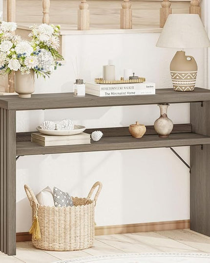 BON AUGURE Sofa Console Table, Wood Entryway Table, Grey Behind Couch Tables with Open Storage, Modern Narrow Hallway Tables (Greige Oak, 47 Inches)