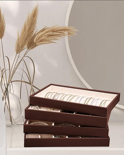 LANDICI Stackable Jewelry Organizer Trays 4 Set,PU Leather Jewelry Organizer Drawer,Jewelry Storage Display Tray for Earring Necklace Rings Bracelet with Removable Dividers,Coffee