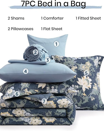 Full Comforter Set -7 Pieces Floral Navy Blue Comforter Set for All Seasons, Bed in a Bag Full with Botanical Flowers Comforter, Sheets, Pillowcases & Shams
