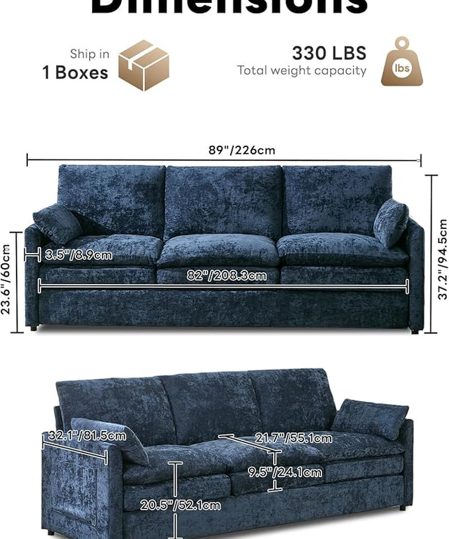 Tbfit 89" Cloud Modern Sofa, Comfy 3-Seater Couch w/Pillows, Pocketed Spring Seats, Plush Foam Cushions, Chenille Fabric Removable Cover, Soft Upholstered Living Room Furniture Home Apartment, Blue