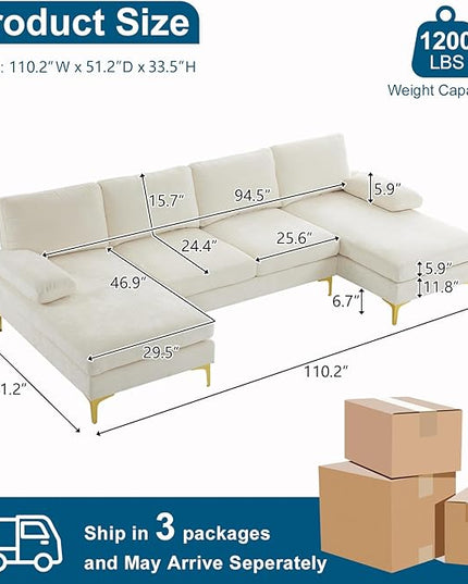 VINGLI 110" Large U-Shape Sectional Sofa Couch with 51" D Double Chaise for Living Room, Modern Sectional Couch Set with Soft 5.9" Thickness Seating Padding, Chenille Fabric,Metal Gold Legs(Beige)