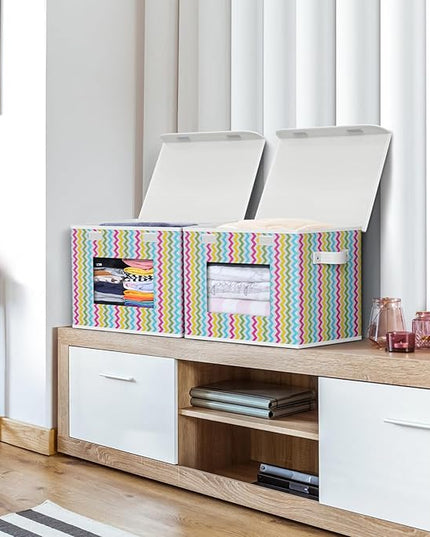 Univivi Fabric Foldable Storage Boxes [4-Pack] Large Collapsible Stackable Storage Bins with Lids, Closet Organizers and Storage Cube Basket for Home, Office, Bedroom (Colorful, 17”x 12” x 12”)