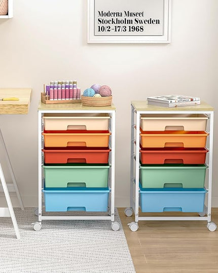 Craft cart,Rolling Cart with Drawers,Storage Cart with 5 Drawers and Wooden Tabletop for Under Desk Organizers and Storage,Macaron