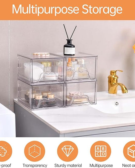 4 Pack Stackable Makeup Organizer, 4.4'' Tall Acrylic Bathroom Makeup Organizer and Storage Drawer with Pull-out Handle, Clear Plastic Storage Bins for Vanity,Pantry,Desk,Undersink,Kitchen