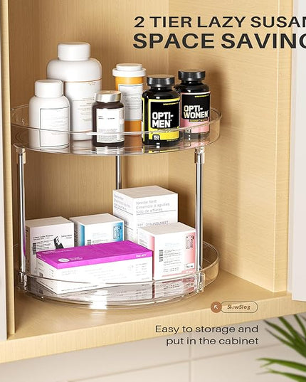 2 Pack 10.6-Inch 2 Tier Lazy Susan Organizer, 360 Degree Rotating Clear Turntable for Cabinet, Makeup and Perfume Organizer for Vanity, Kitchen, and Bathroom Counter Tray