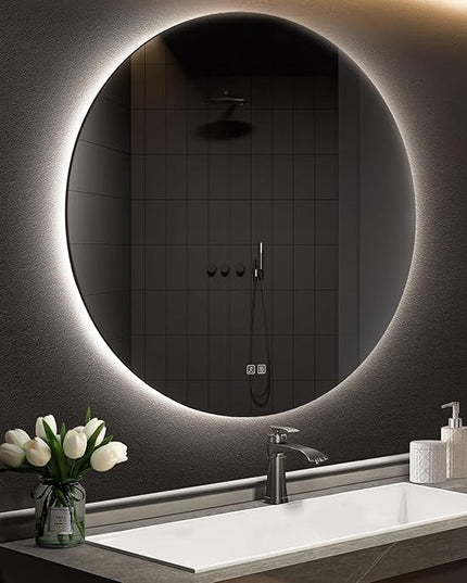 APRILSOUL 32 Inch Round LED Backlit Bathroom Mirror, Vanity Mirror with Anti-Fog, Touch Button, 3 Colors and Dimmable Light