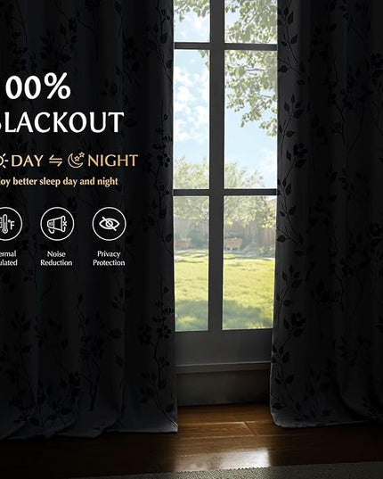 Beauoop Floral 100% Blackout Curtains 84 Inch Length 1 Panel for Patio Sliding Door Extra Wide Blue Grey Flower Patterned Divider Room Darkening Thermal Soundproof Grommet Window Drapes,100x84, 1 Set