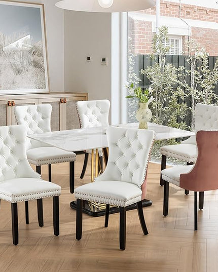 SoarFlash Leather Dining Chairs Set of 6, Tall Back Side Chair, Modern Upholstered Side Chair with Button Back Ring, Solid Wood Legs (Pink&White)