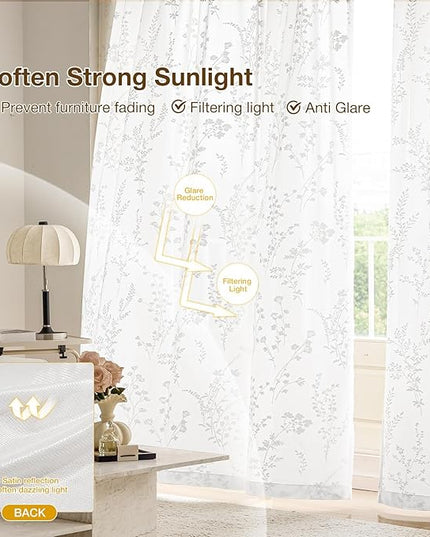 Anmao White Semi Sheer Light Filtering Curtains 72 Inches Long 2 Panels, Flower Pattern Drapes for Living Room Bedroom, Rod Pocket Sheer Window Treatments with Floral Design, 52x72 Inch