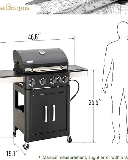 Captiva Designs 4-Burner Propane Gas BBQ Grill with Side Burner & Porcelain-Enameled Cast Iron Grates, 46,700 BTU Output for Outdoor Cooking Kitchen and Patio Backyard Barbecue, Black