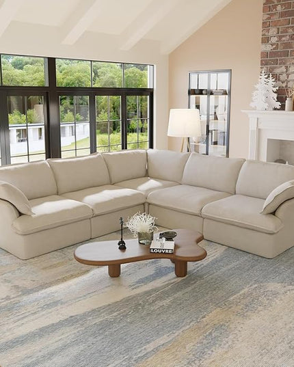 JACH V-Shaped Beige Cloud Couches, Convertible Modular Sofas, Minimalist Deep Seat Sofa, Down Fill Sectional, Couch Sofa Furniture for Living Room, Office, Apartment