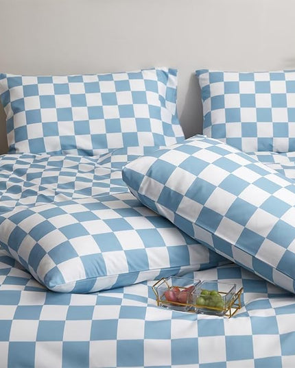 Houseri Light Blue Plaid Comforter Set California King, 3 Piece Lightweight Aqua Blue White Grid Checkerboard Bedding Cal King Size, All Season Luxury Baby Blue Buffalo Checkered Bed Sets Cali King