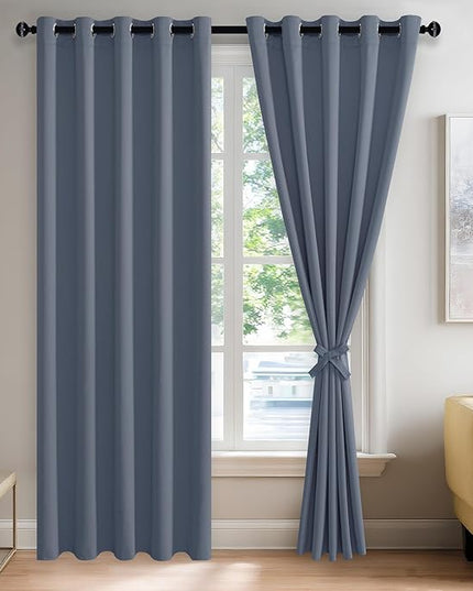 JIUZHEN Dusty Blue Blackout Curtains with Tiebacks-Thermal Insulated, Light Blocking and Noise Reducing Grommet Curtains for Bedroom and Living Room, Set of 2 Window Curtain Panels,60 x 84 Inch Length