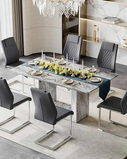 Dinner Table Set for 6, 7 Piece Dining Table Set with Chairs, 63" Faux Marble Modern Table with 6 PU Leather Upholstered Chairs, for Kitchen & Dining Room
