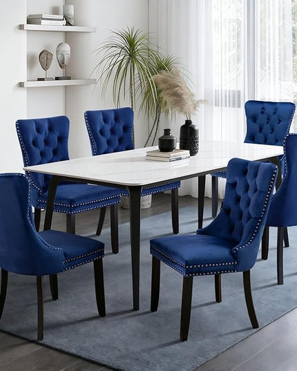 SoarFlash Velvet Dining Chairs Set of 6, Tall Back Side Chair, Modern Upholstered High-end Tufted Side Chair with Button Back Ring, Solid Wood Legs (Blue)