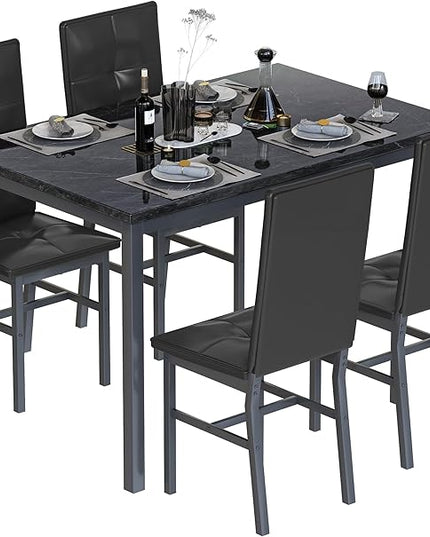 Hooseng Dining Table Set for 4, Modern Faux Marble Kitchen Table with 4 PU Leather Chairs, 5-Piece Small Dining Room Table Set for Dinette, Breakfast Nook, Black
